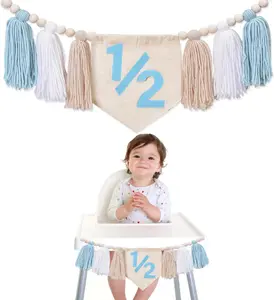 Half Birthday Decorations,  6 Month 1/2 Birthday Tassel High Chair Banner for Boy, Half Way to One Party Decorations (Blue)