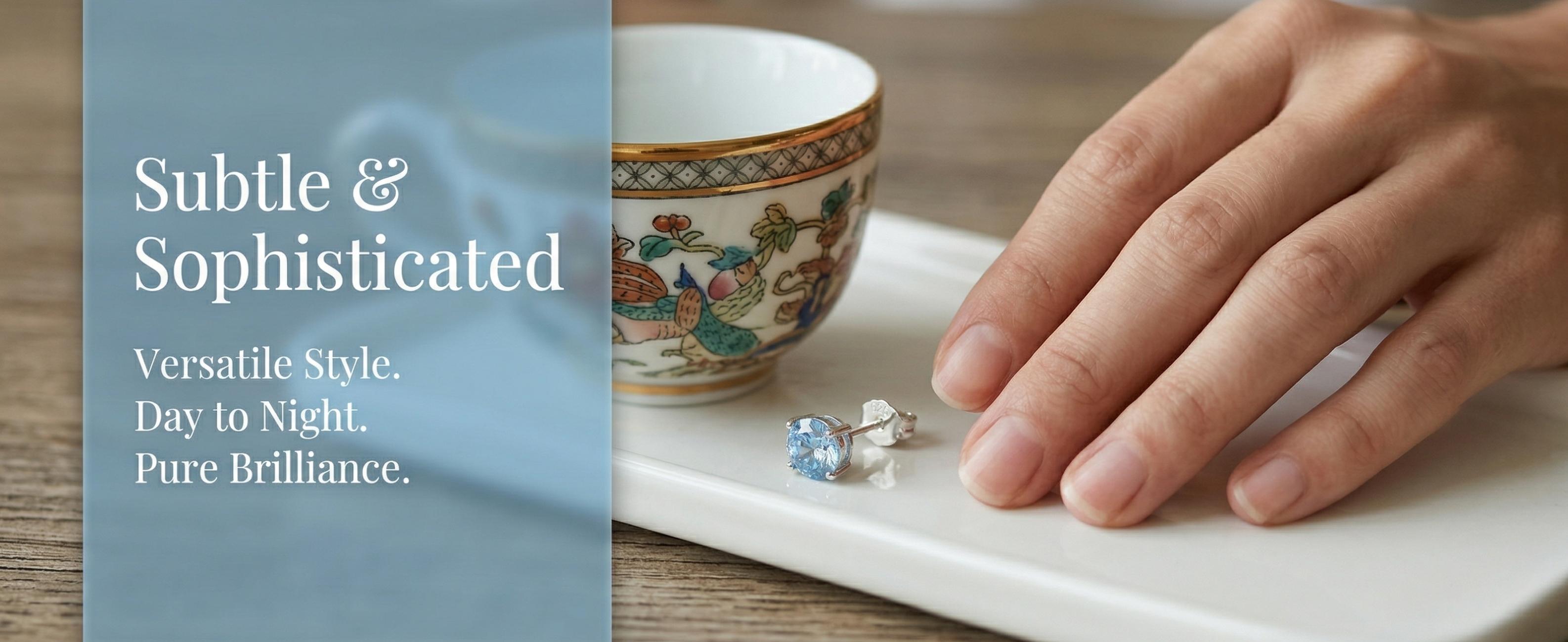 S999 Pure Silver Stud Earrings — 6mm Round Aquamarine Zircon — Stylish & Premium — Simple Design, Suitable for Both Men and Women