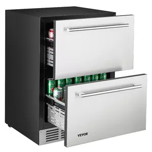 summervibes 24-Inch Under Counter Dual-Drawer Refrigerator, 140L Stainless Steel Mini Fridge with Dual Compartment, Temperature Control, Powerful Compressor & LED Display, Outdoor Fridge for Home Use, Dual Compartment Fridge
