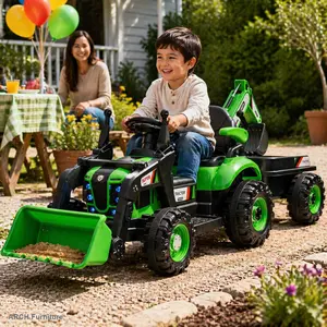 24V Kids Electric Ride-On Tractor Toy for Kids Outdoor Play (Ages 5+), 4-in-1 Construction Attachments (Excavator, Dump Truck, Bulldozer), Parent RC, 3-Speed Adjustability, Built-in Music Player, LED Tail-Lights