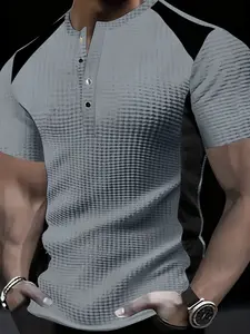 Men's Fashion Casual Business Henry Shirt, High-End Waffle Knit, 100% Polyester, Essential Golf Polo Set, Breathable Warm, Summer Wear