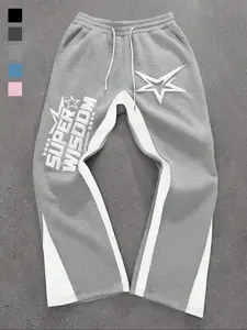 Y2K Men's Casual Colorblock Letter Print Drawstring Waist Sport Pants, Star Pattern Sports Pants, Mens Sportswear, Boyfriend Gift, Sports Bottoms, Athleisure Pants, Casual Sweatpants, Geometric Print Sweatpants, Athletic Bottoms