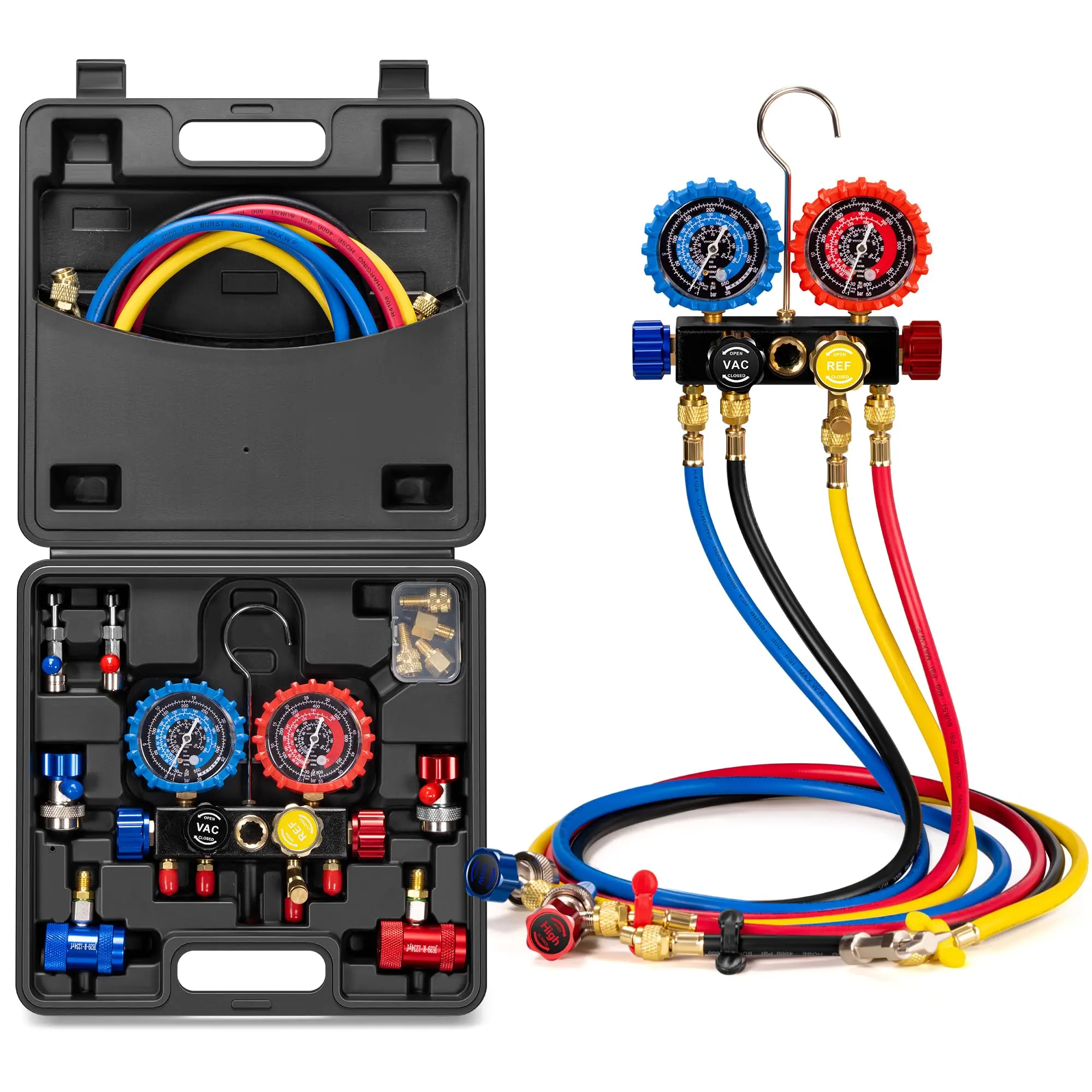 VIVOHOME HVAC 3Way & 4 Way Manifold Gauge Set with Quick Couplers and Can Taps, Automotive Residential AC Gauges for R134a R410a R32 or R1234yf Refrigerant, Car Freon Charging & Evacuation Air Conditioning Portable diagnostic tool