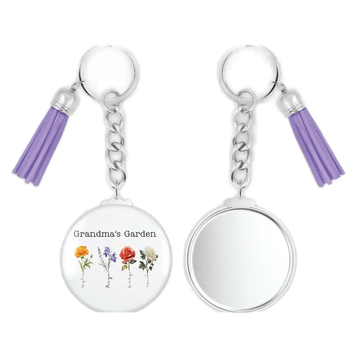 Grandmas Garden Button Key Chain. This item can be personalized with Mom, Grandma, Gigi , Meme Etc. it also comes with your choice of color tassel  please give details of name when ordering.