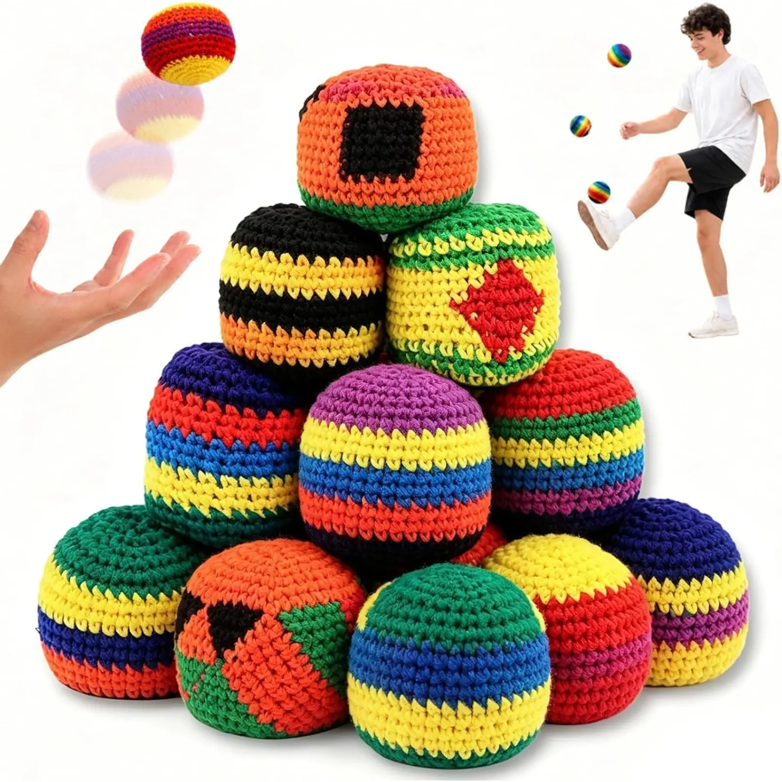 6/12PCS Unisex Rainbow Knit Yarn Crochet Hacky Sack Footbag Set, 2026 New Handmade Juggling Toss Sandbags, Durable Outdoor Toys for Kids+Adults, Party & Travel Stress Relief