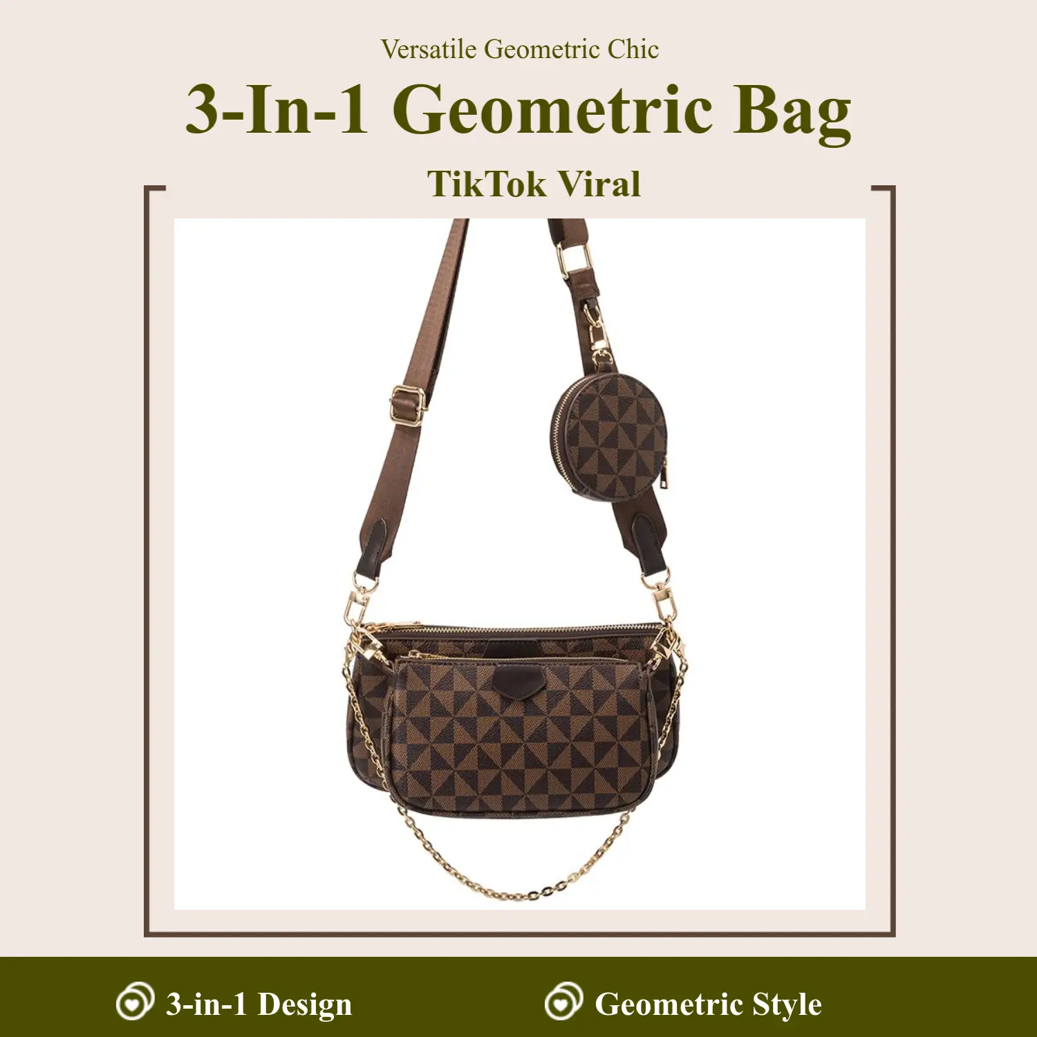Women's Geometric Edge 3-in-1 Crossbody Purse - Chain Shoulder Bag with Mini Pouch Inside, Pouch for Smalls, Switch in Seconds TikTok Viral Multi-purpose Bag