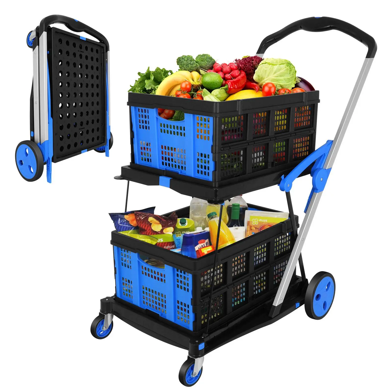 Collapsible shopping Cart with 2 Crates (Blue)
