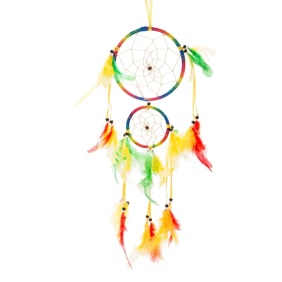 Thy Home 18-in Long Colorful Rainbow Fabric Dream Catcher - 5" & 3" Diameter Double-Circle Feathered Hangable Wall Decoration, Based on Traditional Design, Room Accessories, Wall/Car Ornament, Ideal Gift, 5" And 3" Diameter Circles