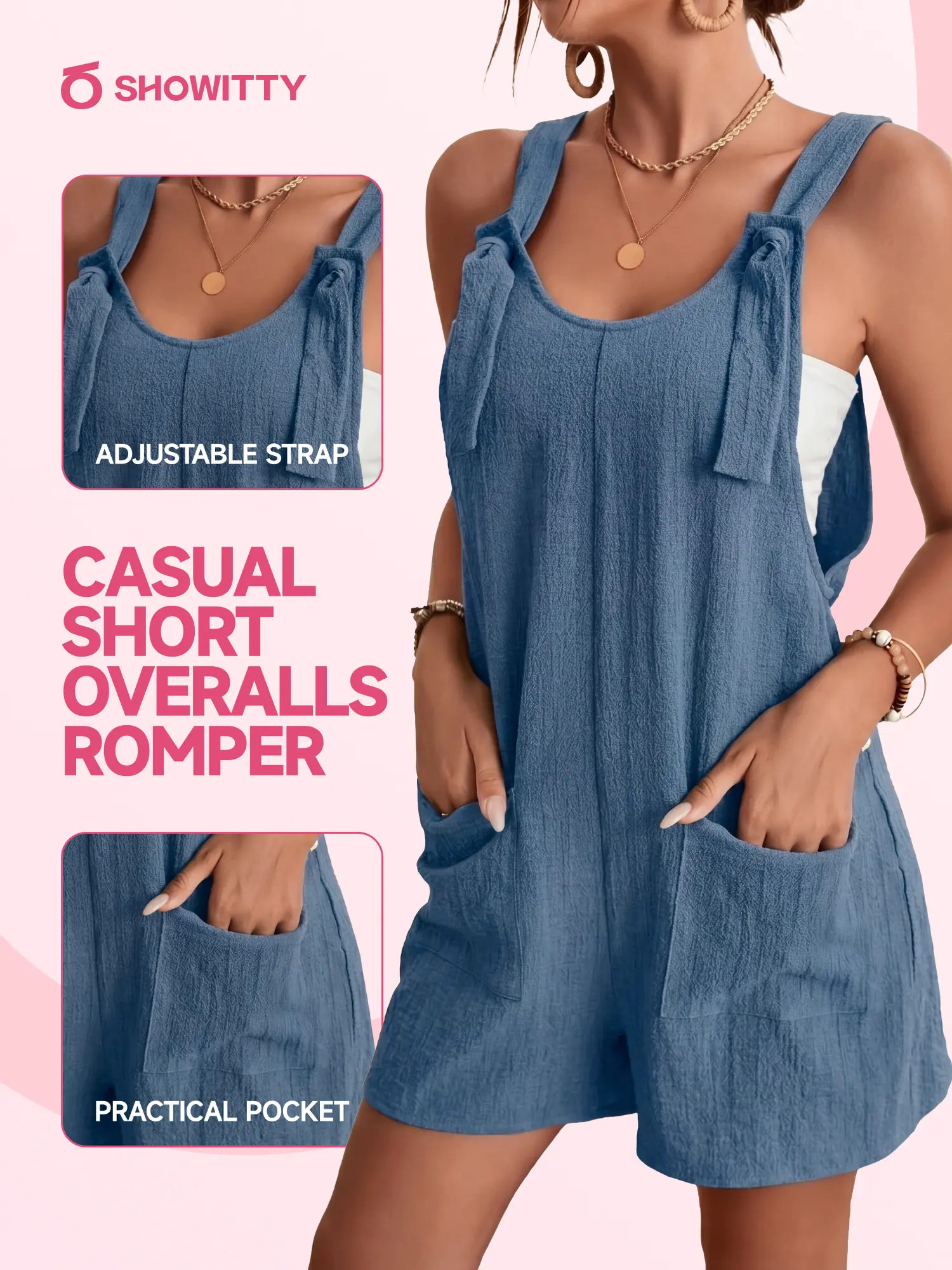 SHOWITTY Womens Sleeveless Romper Casual Loose Fit Adjustable Strap Short Jumpsuit with Pockets (Summer Ease Collection)