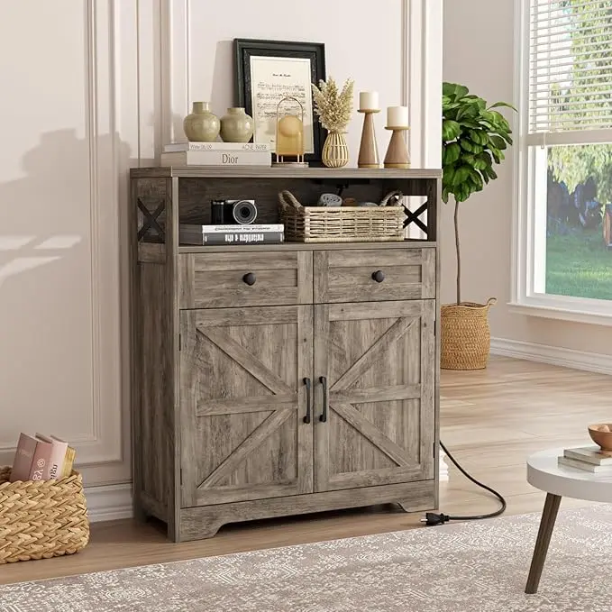 [Summergarden] Vabches 31.5" Farmhouse Storage Cabinet with Doors & Drawers, Farmhouse Sideboard Buffet Cabinet with Storage, Kitchen Pantry Hutch Cabinet, Coffee Bar Station Table for Kitchen, Livingroom, Dining Room