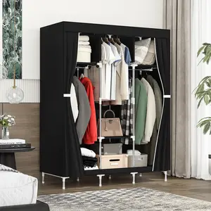 Portable Closet Wardrobe Organizer for Bedroom Storage - Extra Large Metal Hanging Rack Non-Woven Shelves| Space Saving Wardrobe Cabinet Black
