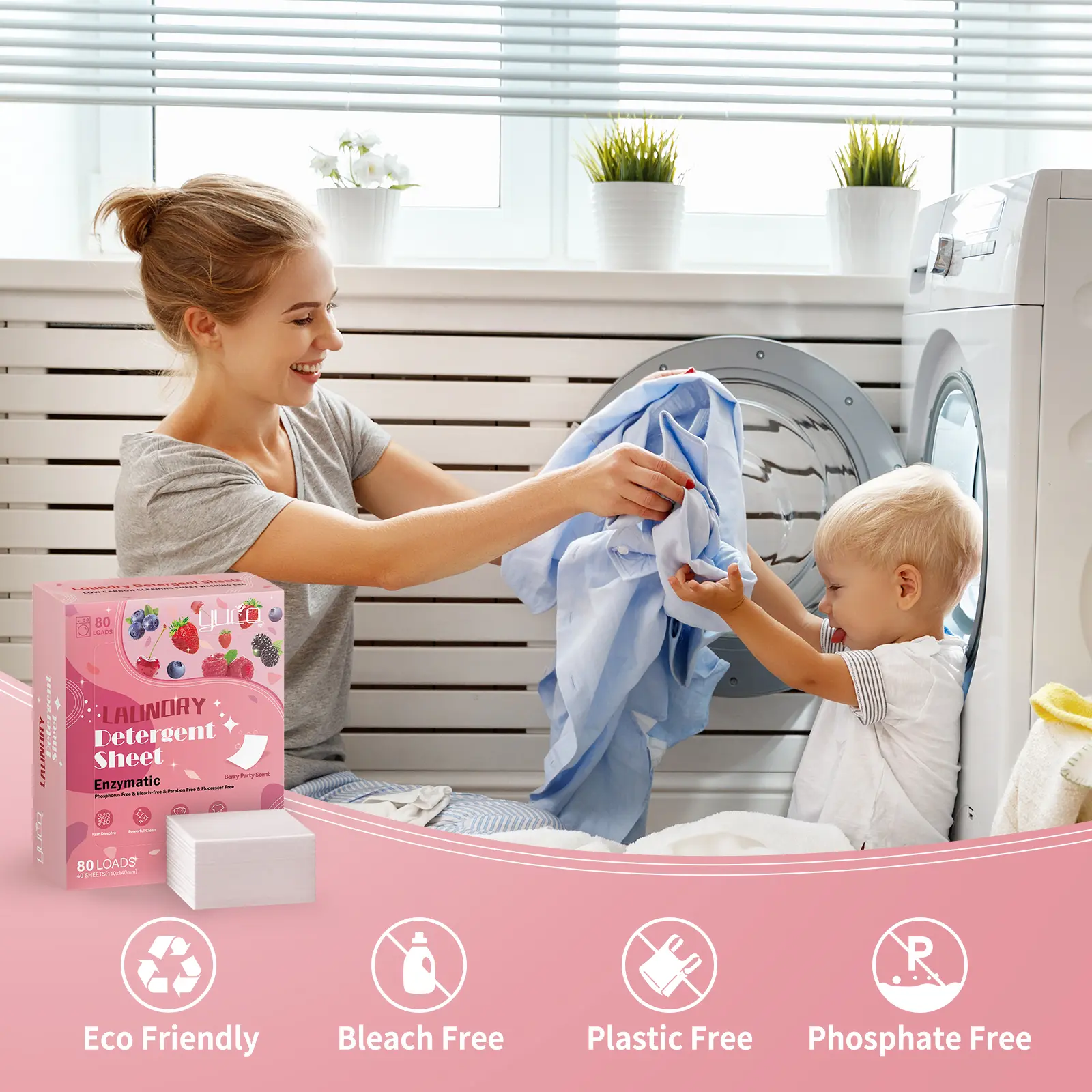 YUCO Pre-Cut Pre-Measured Laundry Detergent Sheets - 1-Sheet Family Solution, Stain Remover, No Residue, 24 Months Long-Lasting Strawberry Fragrance, Easy to Use Home Care Cleaner