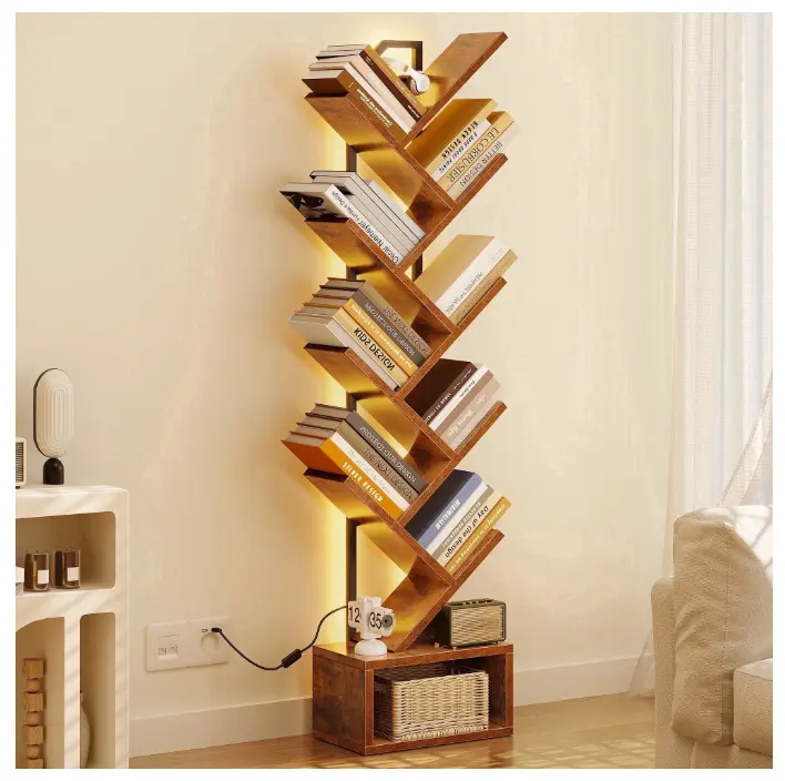 Casacomoda 8 Tier Tree Bookshelf, Bookcase with LED Lights, Display Floor Standing Storage Shelf, Book Organizer Shelves for Home Office, Living Room, Vintage