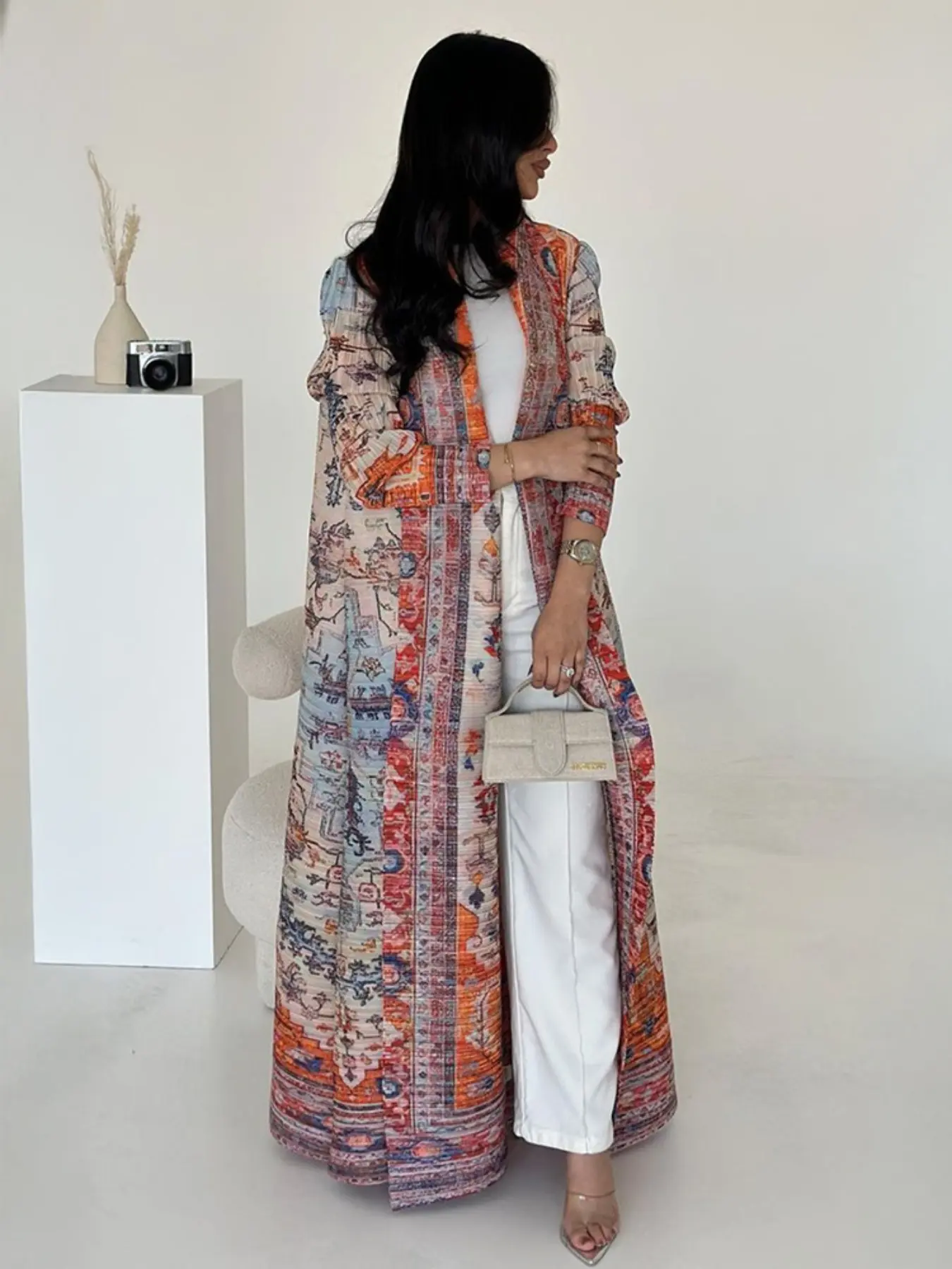 Women's Ruched Ruffled Traditional Ethnic Print Long Robe Windbreaker Abaya Premium Ribbed Woven Abaya Coat - Long Wear Kaftan Dress - All Season Everyday Modest Muslim Fashion Outerwear, Stylish Kaftan Dress (With Belt) Style Clothes Piece
