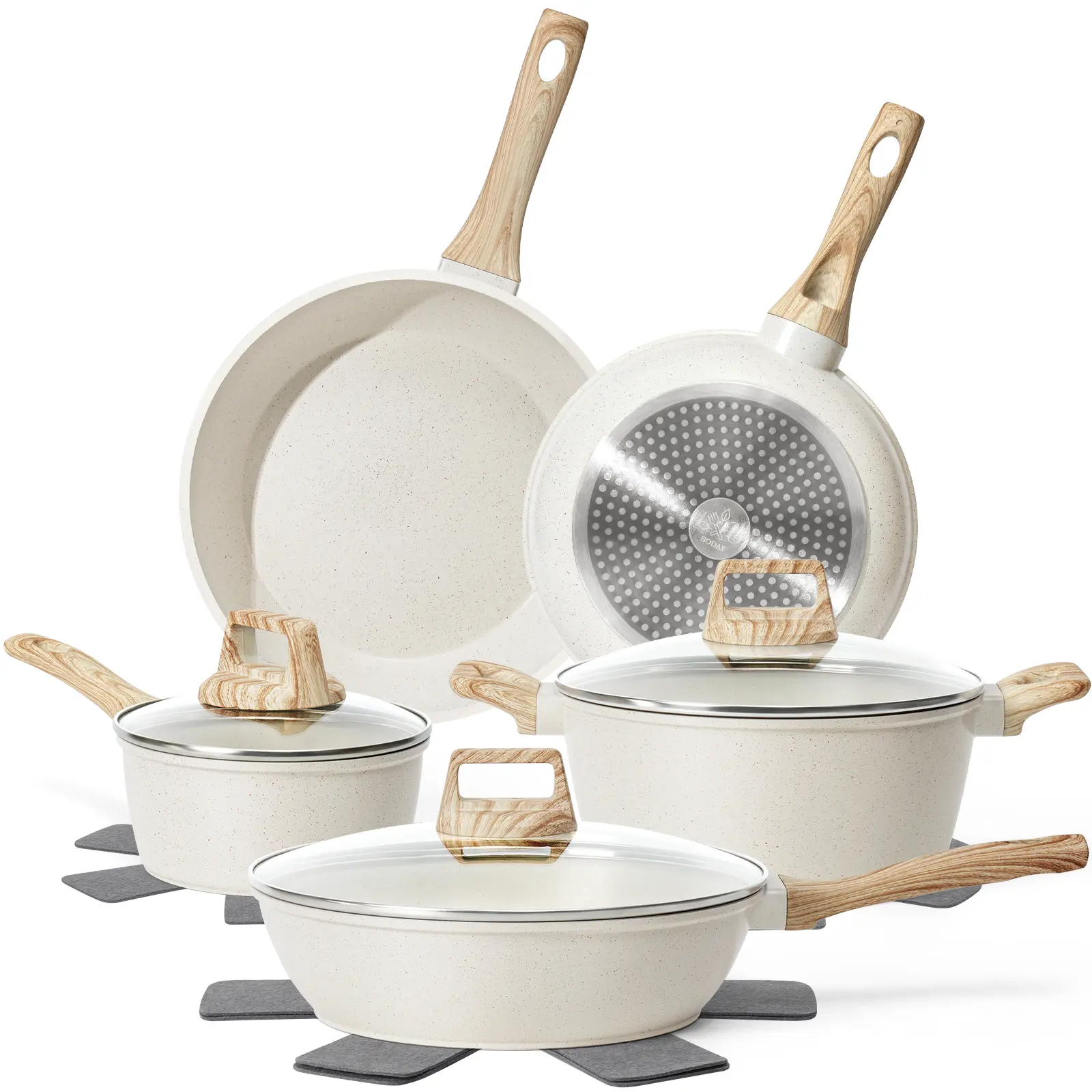 SODAY Pots and Pans Set Non Stick, 12Pcs Kitchen Cookware Sets Non-toxic Healthy Nonstick Kitchen Cooking Set with Frying Pans, Saucepans,Glass lid,Kitchenware,stock up on specials, Aluminium Durable Bakelite Handle , DealsForYouDays，Father's Day Gift