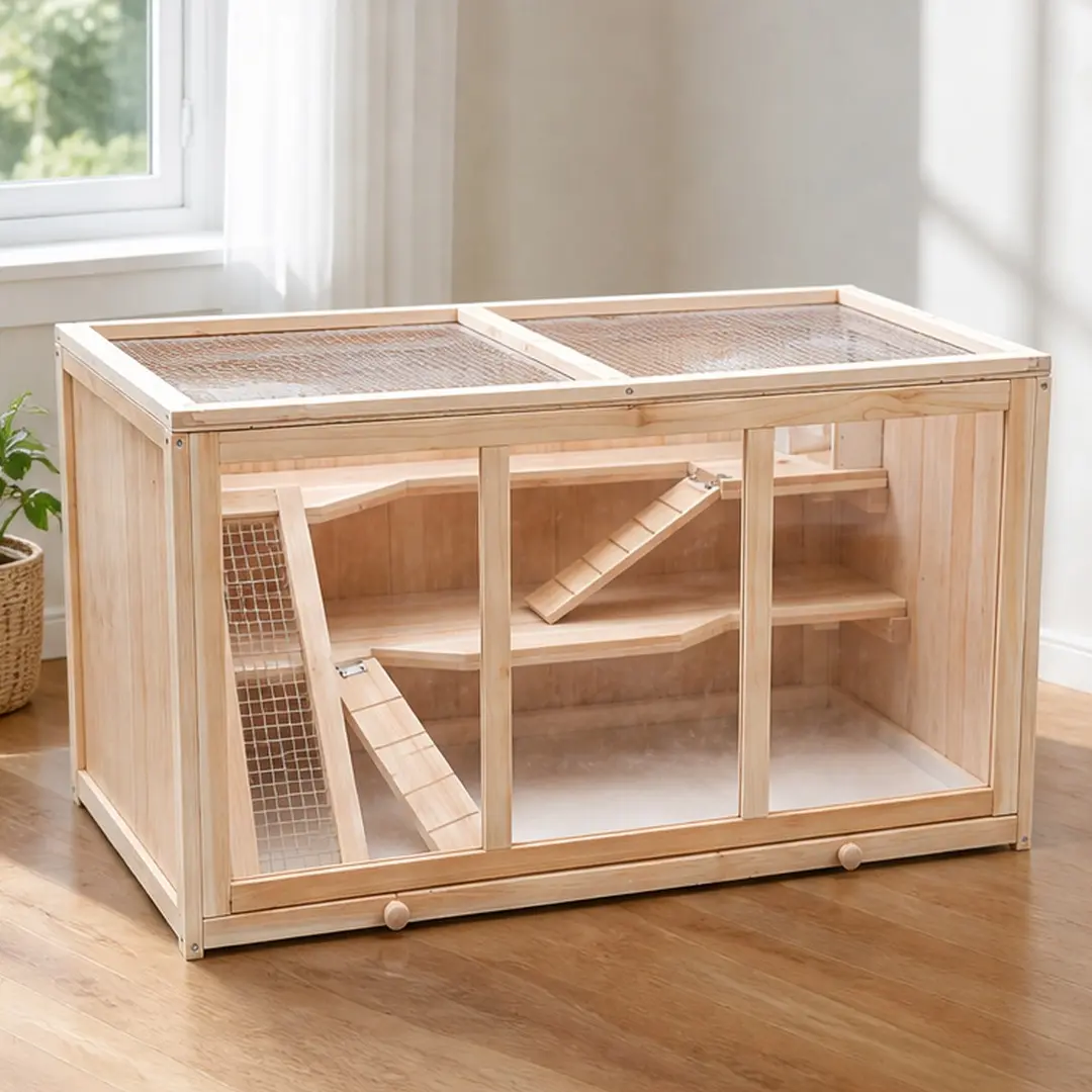 Large Wooden Hamster Cage with Acrylic Windows Multi-Level Small Pet Habitat Deep Tray Ventilated Hutch for Syrian Dwarf Hamsters Rabbits Guinea Pigs Chinchillas Natural Solid Wood 37.4in, Natural Color Options, Solid Wood Material