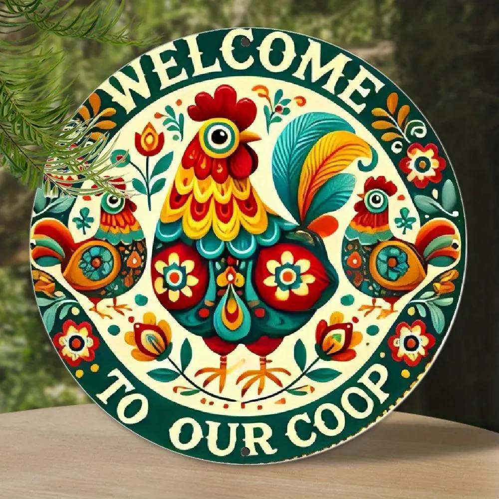 8x8 in Round Rustic Aluminium Plaque - Hand-Painted Rooster Design, Home Decor Sign for Garage, Bar, Coffee Bar Art, Home Supplies Wall Decor