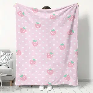 Pink Strawberry Print Flannel Blanket Soft Warm Cozy Throw Home Kitchen Sofa Camping Relaxation Coquette Aesthetic Room Decor Kawaii Bedding Cute Fruit Pattern Girls Gift