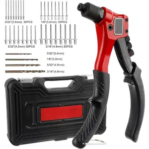 Rivet Gun, Pop Rivet Tool Kit with 200 Rivets and 4 Drill Bits, Manual Hand Riveter Kit with Rugged Carrying Case