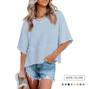 Danedvi Women's Summer Casual Crewneck Batwing Half Sleeve T-Shirts Solid Color Loose Fit Cute Basic Flowy Tops Tees Blouses Blue Fabric
