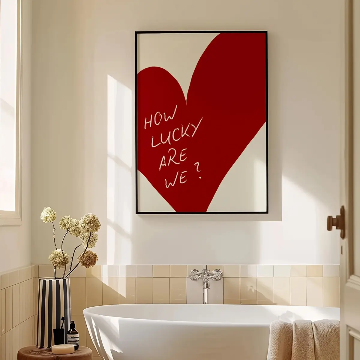 1pc How Lucky We Are Inspirational Quote Wall Art Print - Vintage Modern Red Heart Design on Canvas, Unframed Vertical Poster for Bedroom, Living Room, Dorm Decor - Valentine's Day Gift, Spring Summer Home Decoration, Inspirational Wall Decor