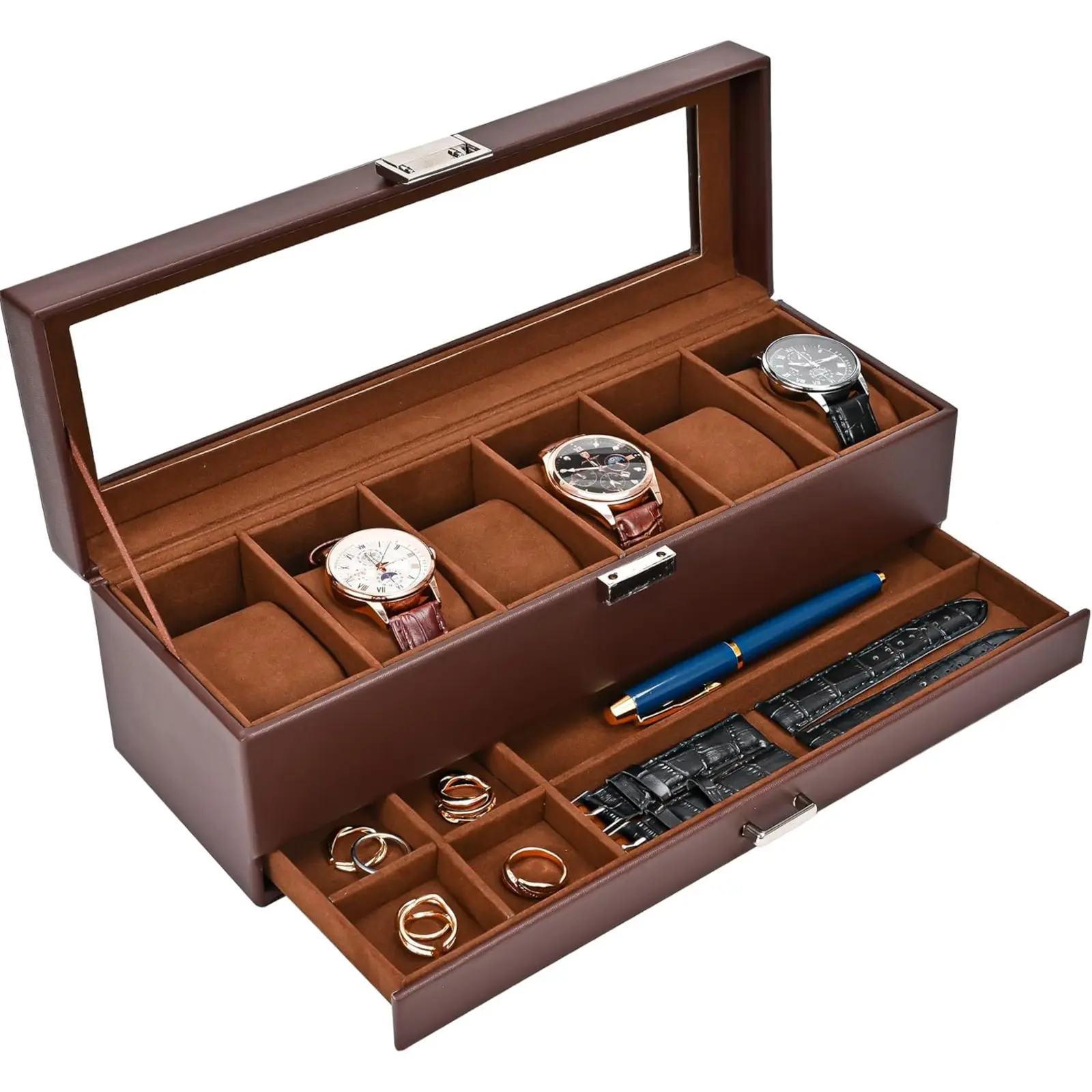 Father's Day Gift for Dad, Watch Box for Men, 6 Slot Watch Organizer Case with Drawer, Glass Lid Watch Display Case, 2 Layer Watch & Jewelry Storage Box, Espresso
