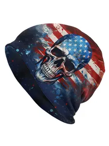 Unisex's American Flag Skull Print Beanie Hat, Casual Trendy Beanie Cap, Fashionable Hat for Men & Women for All Season, Halloween