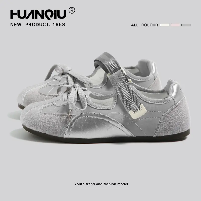 HUANQIU Women's Metallic Silver Balletcore Flats - Tech Mary Jane Sneakers, Mixed-Material Casual Low-Profile Shoes with Adjustable Strap, Trendy Streetwear Athleisure Plimsolls