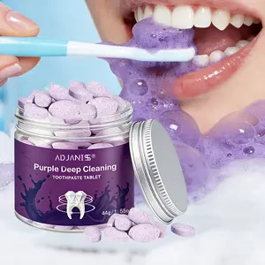 Purple Mint Toothpaste Tablets, containing hydroxyapatite, mint, and grape extracts, fluoride-free. Disolves in water to form a lather for Daily gentle cleaning and long-lasting fresh breath. Eco-friendly and portable. 88 tablets total.