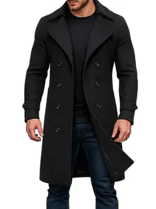 Men's Solid Color Double-Breasted Windbreaker, Casual Business Style Woven Coat for Fall & Winter with Fitted Design