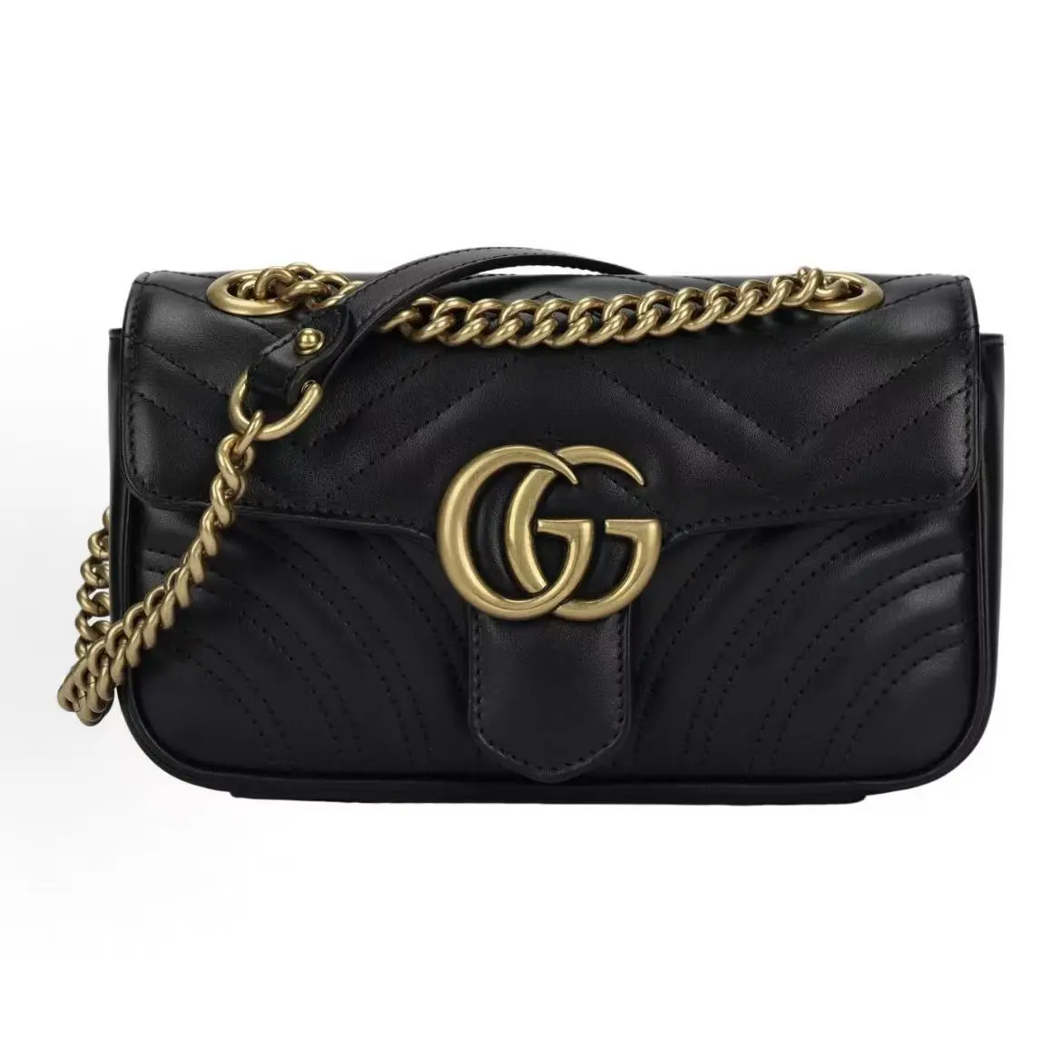 Pre-owned GUCCI GG Marmont Medium 22cm Black Matelasse Chevron Leather Shoulder Quilted Purse
