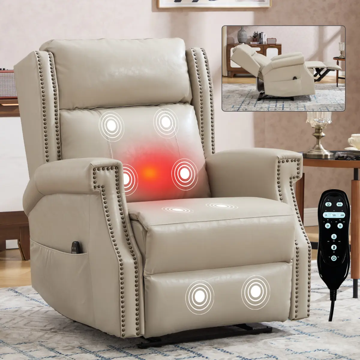Manual Recliner Chair - Leather Lounge Chair with Massage, Lumbar Heat, Breathable Leather, Humanized Design, Easy Installation for Adult Living Room Use