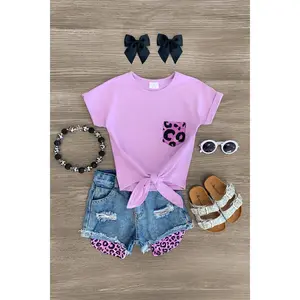 Purple Leopard Tie Top Distressed Denim Short Set