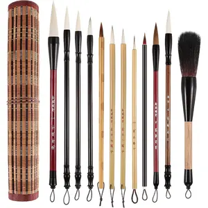12 count Chinese Calligraphy Brushes Painting Writing Brushes Watercolor Brushes Set Kanji  Sumi Painting Drawing Brushes Kanji Art Brushes with Roll-up Brush Holder