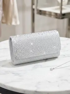 Women's Luxury Silver Color Full Rhinestone Envelope Clutch, Elegant Sparkly Finish, Ideal for Weddings, Proms, Galas, Formal Events