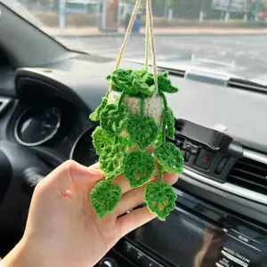 Handcrafted Crochet Car Mirror Potted Plant Ornament, Knitted Plant Car Mirror Hanger, Bohemian Car Plant Crochet Hanging Basket, Cute Car Interior Hanging Accessories
