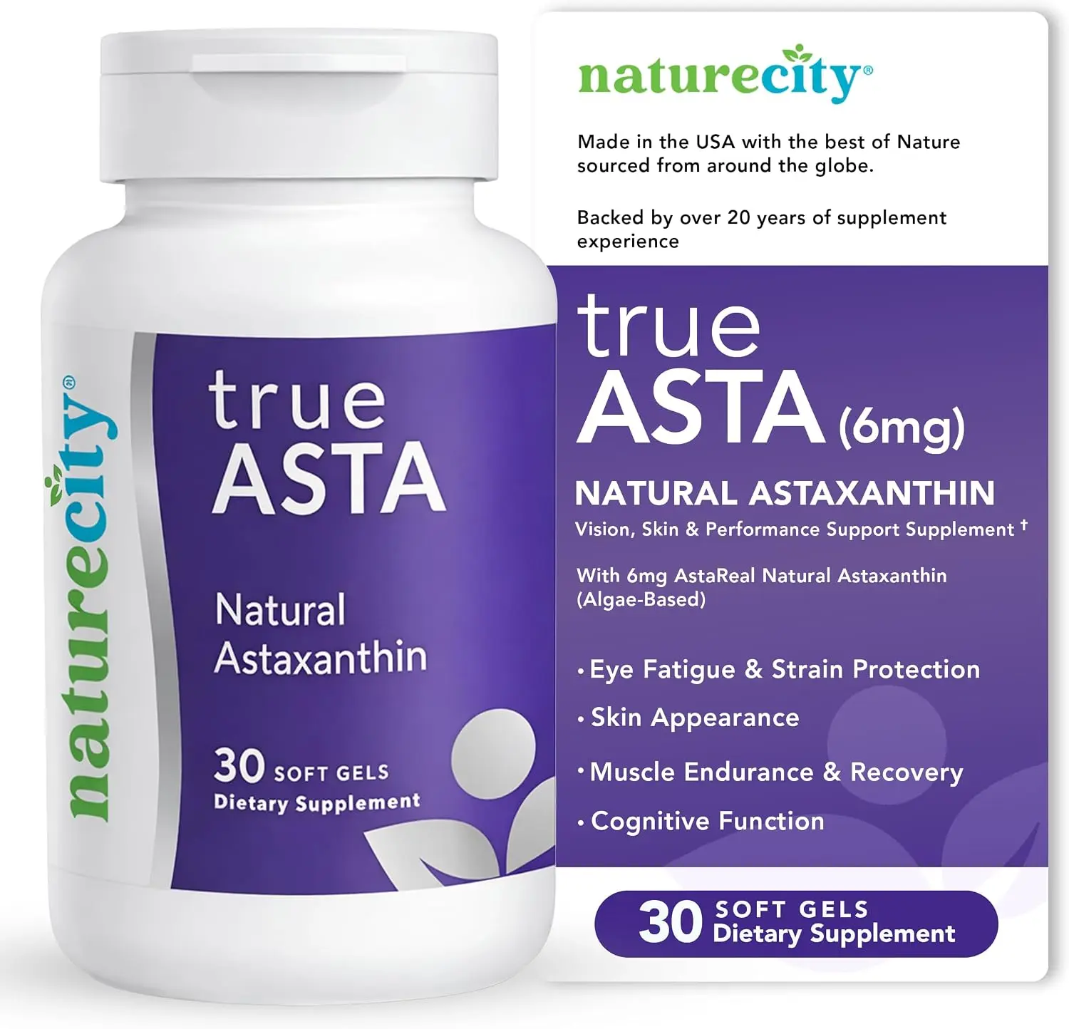 NatureCity TrueAsta 6mg Astaxanthin Natural VItamin Dietary Supplement with AstaReal Made in the USA | Supports Eye, Skin, Joints, Muscles, Brain & Blood Flow | Algae Based Antioxidant Supplement | Non-GMO, Gluten Free | 30 Soft Gels
