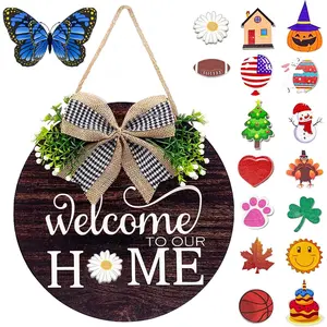 Interchangeable Seasonal Welcome Sign Front Door Decorations, Round Wood Wreath for Outdoor, Farmhouse, Porch Perfect for New Home Housewarming Gift, Valentine's, Easter, Christmas Home Decor