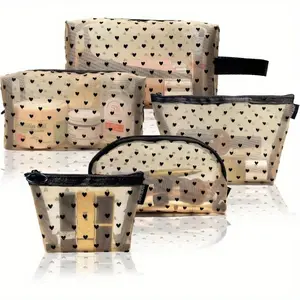 5 Pieces Travel Storage Pouch Set, Heart Printed Mesh Cosmetic Bag with Zipper, Multipurpose Travel Bags for Cosmetic School Office Supplies and Travel Accessories