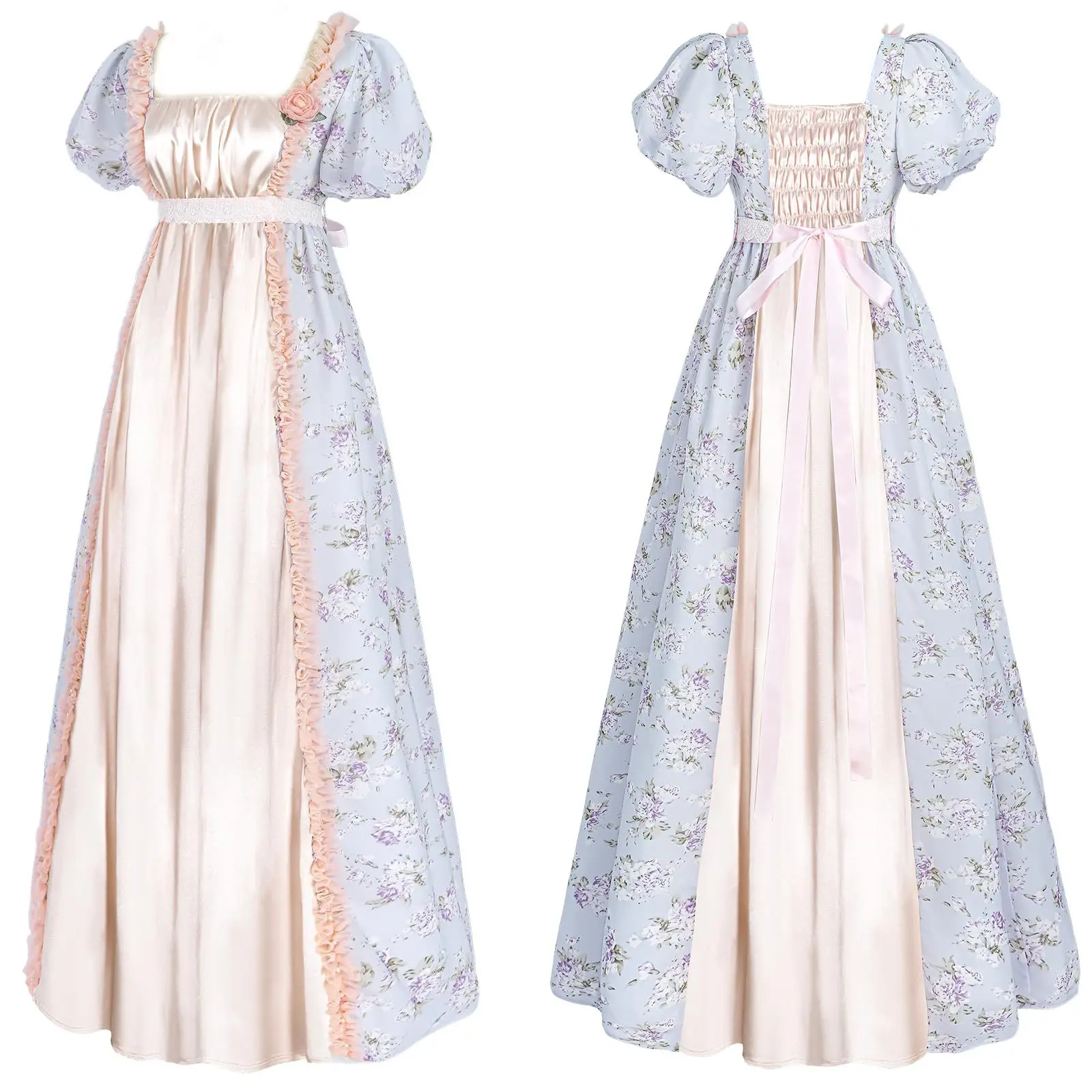Women's Elegant Vintage Empire Waist Midi Bridal Dress - Polyester Puff-Sleeve Regency Formal Gown with Floral Print, Soft Breathable Fabric, Low-Iron Victorian Zippered Costume for Ball Cosplay, Clothes, Chic
