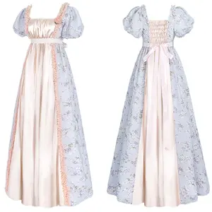 Floral Puff Sleeve Regency Dress Women Vintage Tea Party Gown Historical Victorian Empire Waist Costume for Ball Cosplay Wedding Guest Flowy Midi Dress