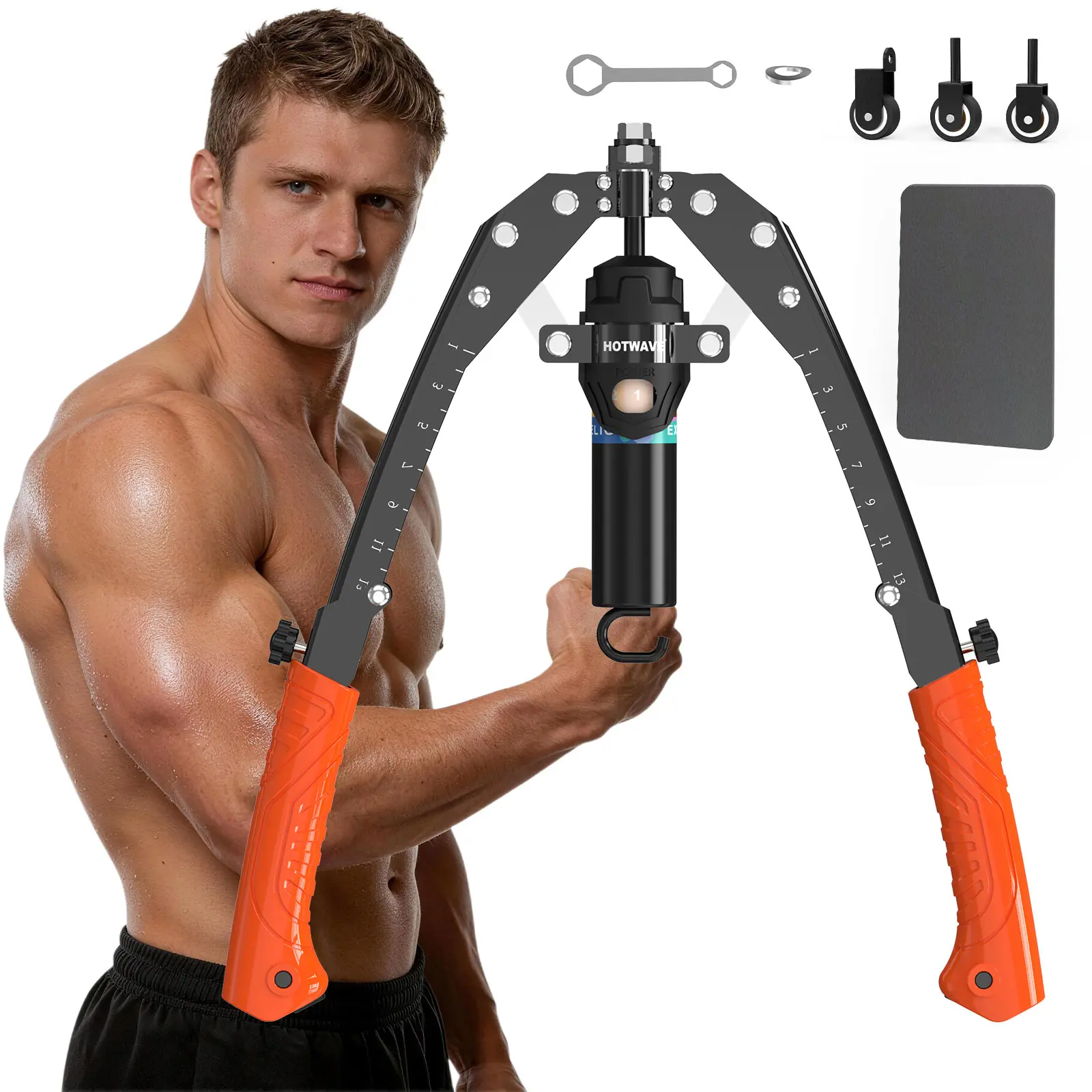 HOTWAVE Hydraulic Arm Trainer with Ab Roller Mode, Adjustable Manual Chest Expander with 15 Levels up to 440 LBS for Resistance Work & Core Exercises, Strength Training, Shoulders Exercises backtoschool, 15 Resistance Levels, Adjustable Handle