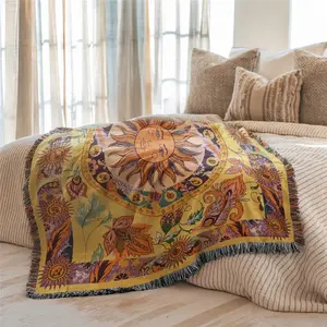 Multi-Function Tassel Woven Blanket - Golden Sun Pattern Bed Blanket, Floral Print Blanket, Soft Warm Throw, Also for Sofa Cover Home Decor Furniture Slipcover Tablecloth Shawl Outdoor Picnic Camping Beach Towel Office Nap Hippie