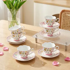 Floral Espresso Cups & Saucers Set of 6, 3oz Small Coffee Mugs, Ceramic Drinkware Demitasse Cup for Tea, Latte, Espresso Shot Cup for Coffee Maker, Women Gifts for Mother's Day, Birthday