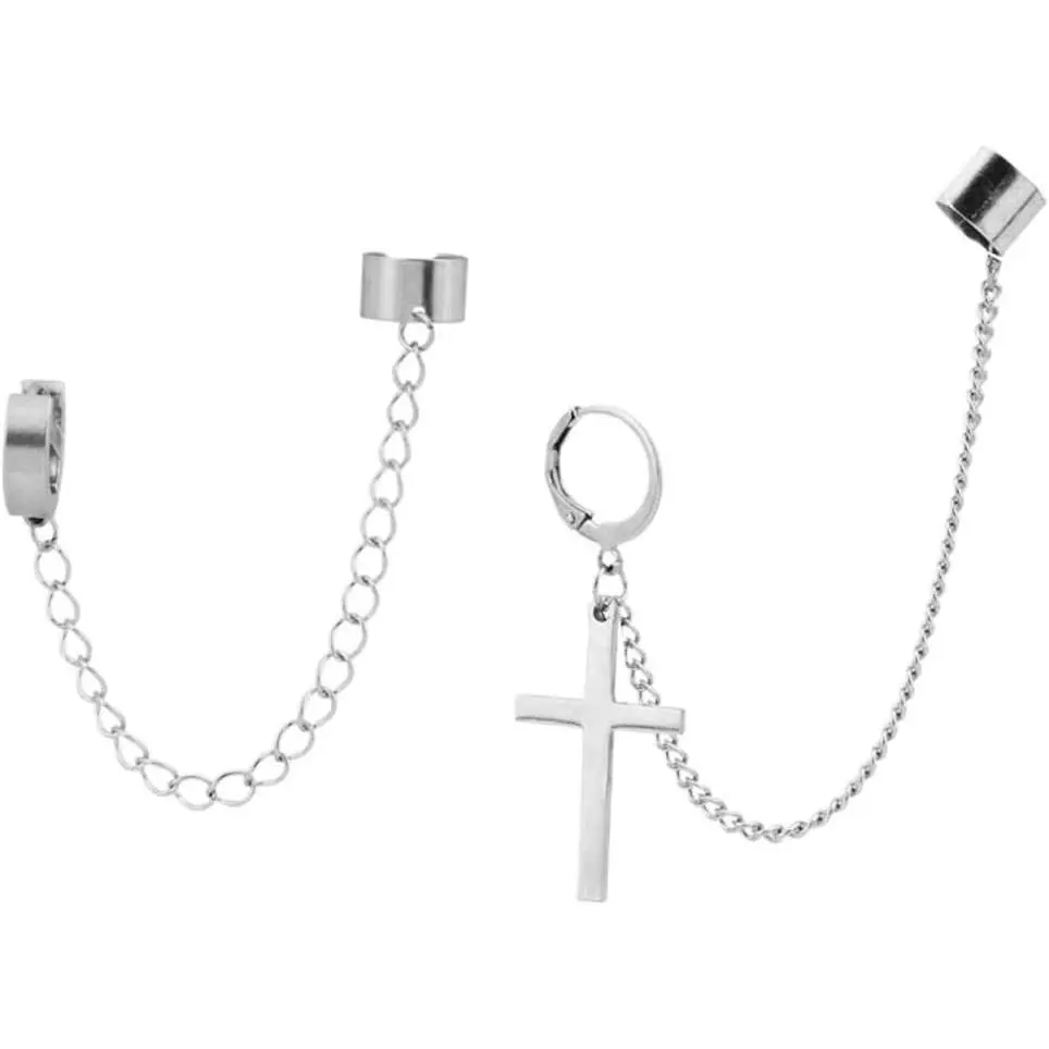 Stainless Steel Cross Clip-On Earrings with Asymmetrical Chain Ear Cuff, Punk Gothic Dangle Jewelry for Men, No Piercing Alternative Style, Affordable Fashion, Gothic Style, Men’s Earrings, Cross Motif, Nickel-Free, Ear Cuff Earrings