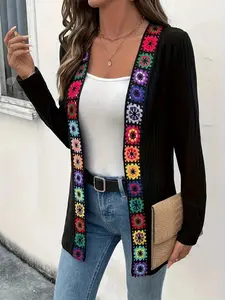 Women's Fashion Solid Color Ribbed Ethnic Patchwork Knitting Cardigan Long Sleeve Coat, Casual Fitted Knitwear for Fall Winter Daily Wear, Womenswear