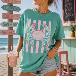 Comfort Colors Coastal Crab Shirt, Preppy Seashell Beach Tee, Coquette Pastel Striped T-Shirt, Ocean Lover Summer Aesthetic Top - DPCLICK