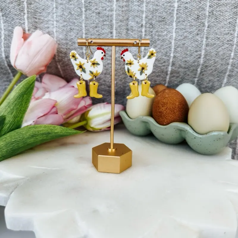 Handmade Polymer Clay Sunflower Chicken Earrings with Gold Base and Decorative Design