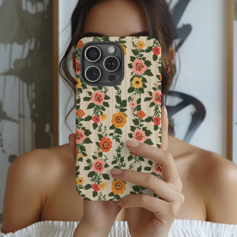 Wildflower CottageCore Floral Striped Polycarbonate Cellphone Case - Dual-Layer, Protective, Durable, Shockproof Cover with Raised Bezels Camera Protection for iPhone 1-17 Pro Max, Air, Plus - Spring-Summer Shell Accessory, Casing