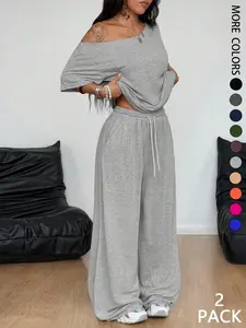 2pcs/Set Women's Minimalist Basic Daily Wear Going Out Sport Comfortable Off Shoulder T-Shirt And Wide Leg Pants Two Pieces Outfits